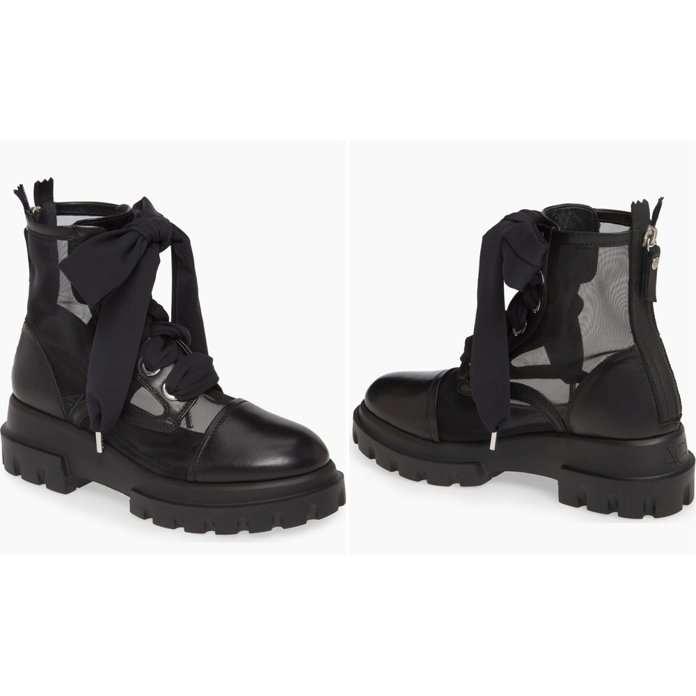 AGL N756519‎ Black Leather Mesh Boots Lug Sole Lace Italy 35.5 Grunge Goth